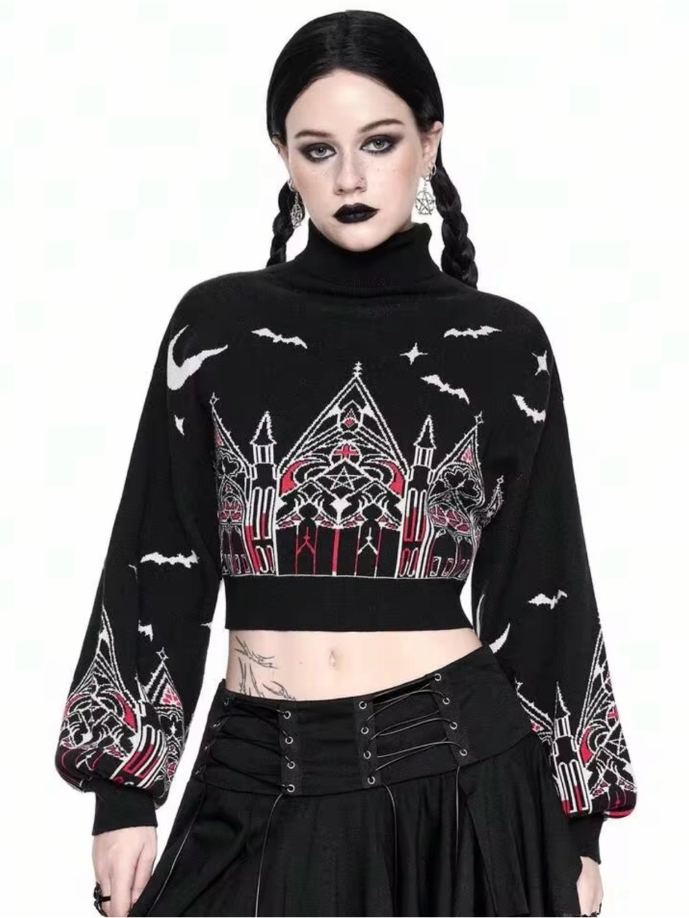 New ROMWE Gothic Halloween Castle & Cross Women's Turtleneck